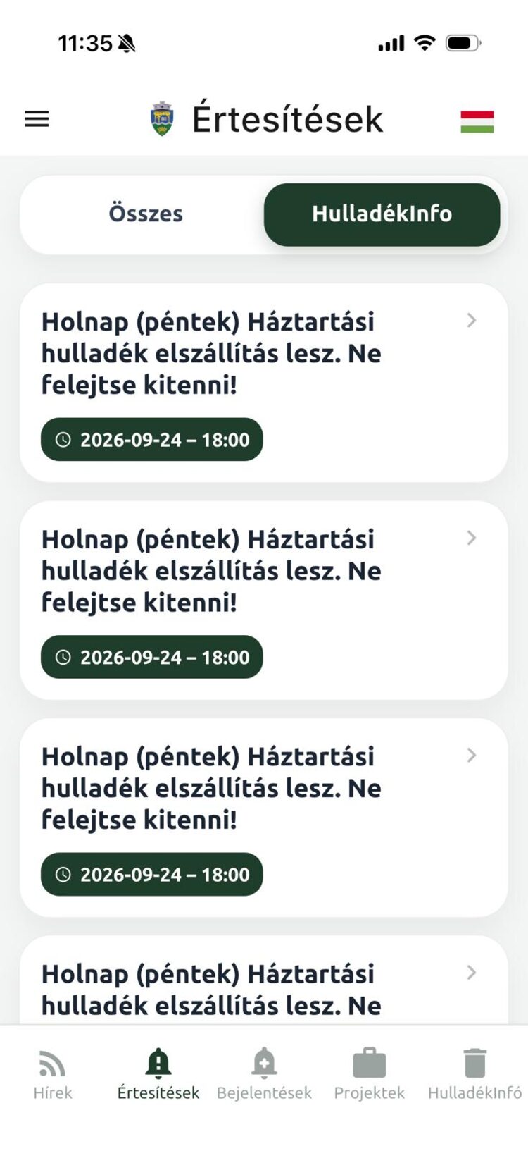 Aplicația mobilă eAdmin – notificare legată de deșeuri