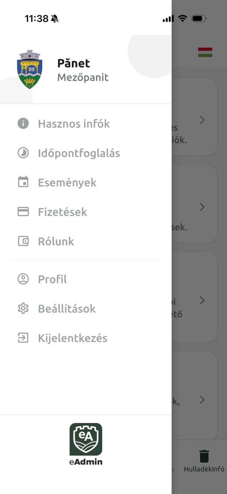 Aplicația mobilă eAdmin – meniu principal