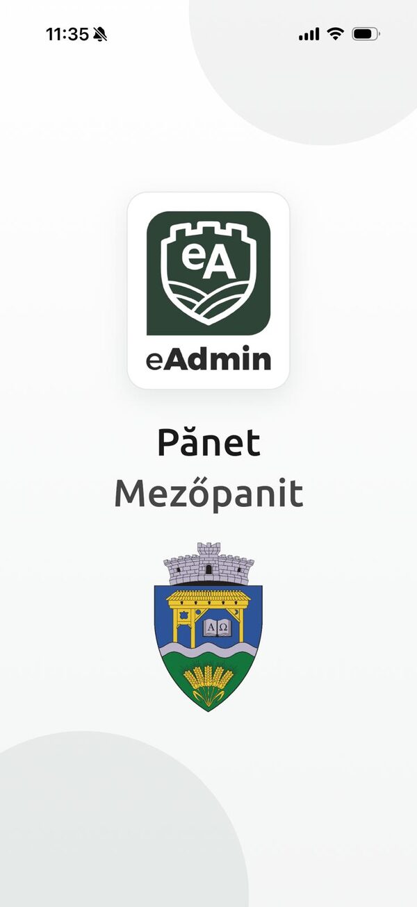 Aplicația mobilă eAdmin – ecran principal, cu stema localității